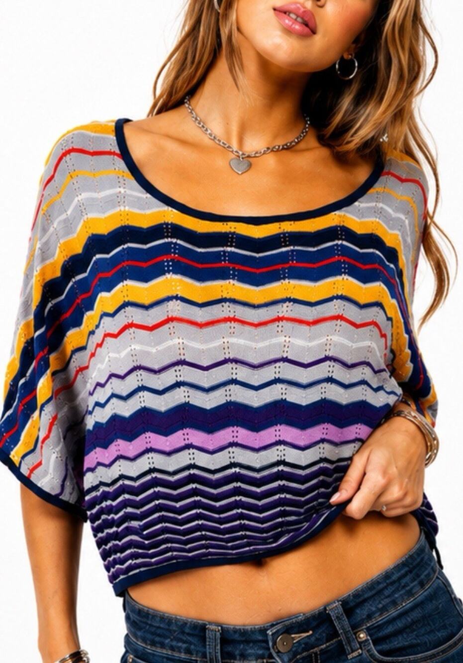 Apple Bottoms Vintage Multicolor Chevron Knit Crop Top Women L Y2K Boho Batwing